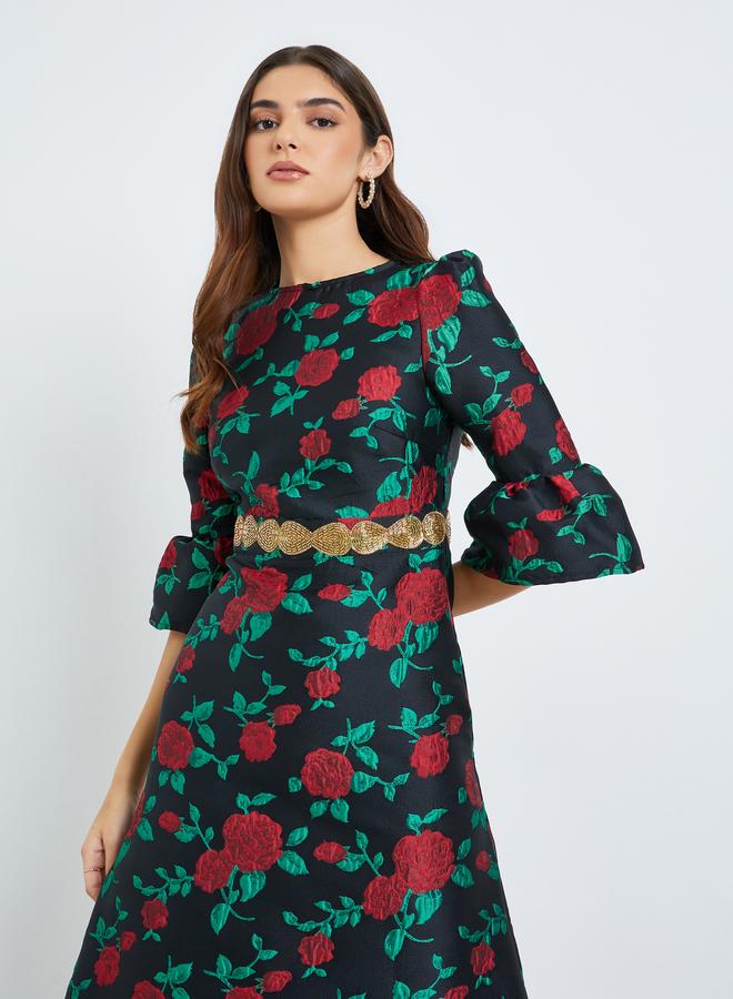 Women Black Floral Print Embellished Midi Dress